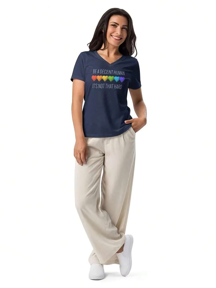 100% Polyester Women's V-Neck T-Shirt Casual Basic Short Sleeve Summer TopsBe A Decent Human Shirt, V-Neck Shirt, Soft Everyday Style, Basic Decency. - Blue - View 1