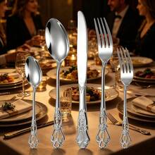 European Vintage Embossed Hollow Handle Stainless Steel Cutlery Set | Gold/Silver Mirror Polished, Non-Slip And Dishwasher , Multi-Piece Set, Suitable For Western Dining And Party Decoration - Silver - View 7
