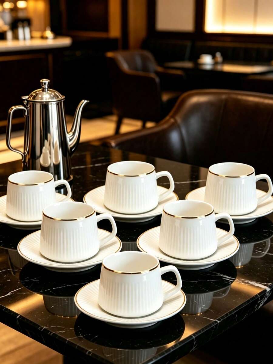 6set/1set Gold & Silver Vertical Stripe Ceramic Series Cup & Saucer, Espresso Latte Art Cup, Exquisite Afternoon Tea Cup Including Coffee Cup And Saucer. Suitable For Hotel, Restaurant, Home Use, Table Decoration, Afternoon Tea, Coffee Drinking, Flower Tea, Personalized Gift, Souvenir, Party, Gathering, Birthday, Wedding Gift And Dinner. Perfect Valentine's Day Gift For Him, Mother's Day Gift - Multicolor - View 1