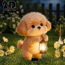 2D Flat Design, 1pc Cute Puppy Holding Glowing Light Garden Stake, Outdoor Yard Decor, Easter Garden And Flower Bed Decoration, Memorial Decor For Mourning And Cemetery, Tombstone Decoration - A - View 3