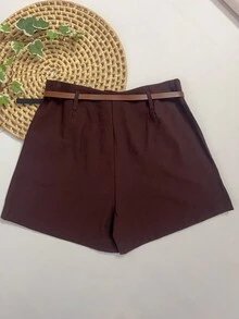 Shorts Marrant With Belt And Pocket, High Waist - 巧克力棕 - 查看 6
