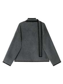 Women's Grey Short Polyester Jacket, Contrast Embroidery Trim, Open Front, Scarf Collar, Pockets And Long Sleeves, Perfect For Autumn/Winter - Dark Grey - View 4