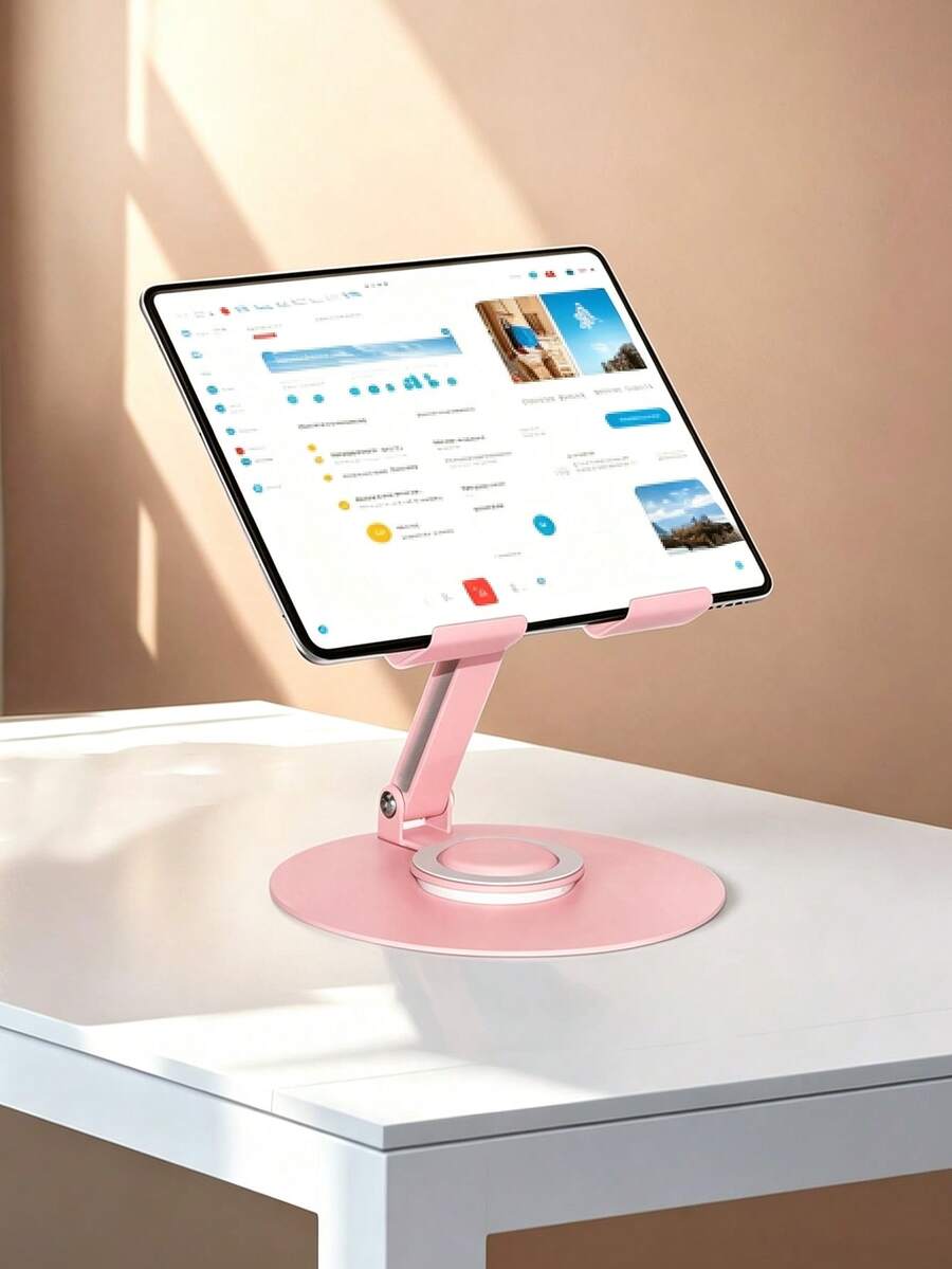 360° Rotatable Metal Tablet & Phone Stand, Adjustable Foldable Desktop Base With Hollow Heat Dissipation Vents And Anti-Slip Silicone Pads, Portable Phone & Tablet Holder For Desk, Home Office - Pink - View 1