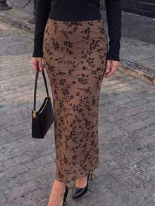Women's Elegant Slim Fit Floral Print Vacation Maxi Skirt - Brown - View 5