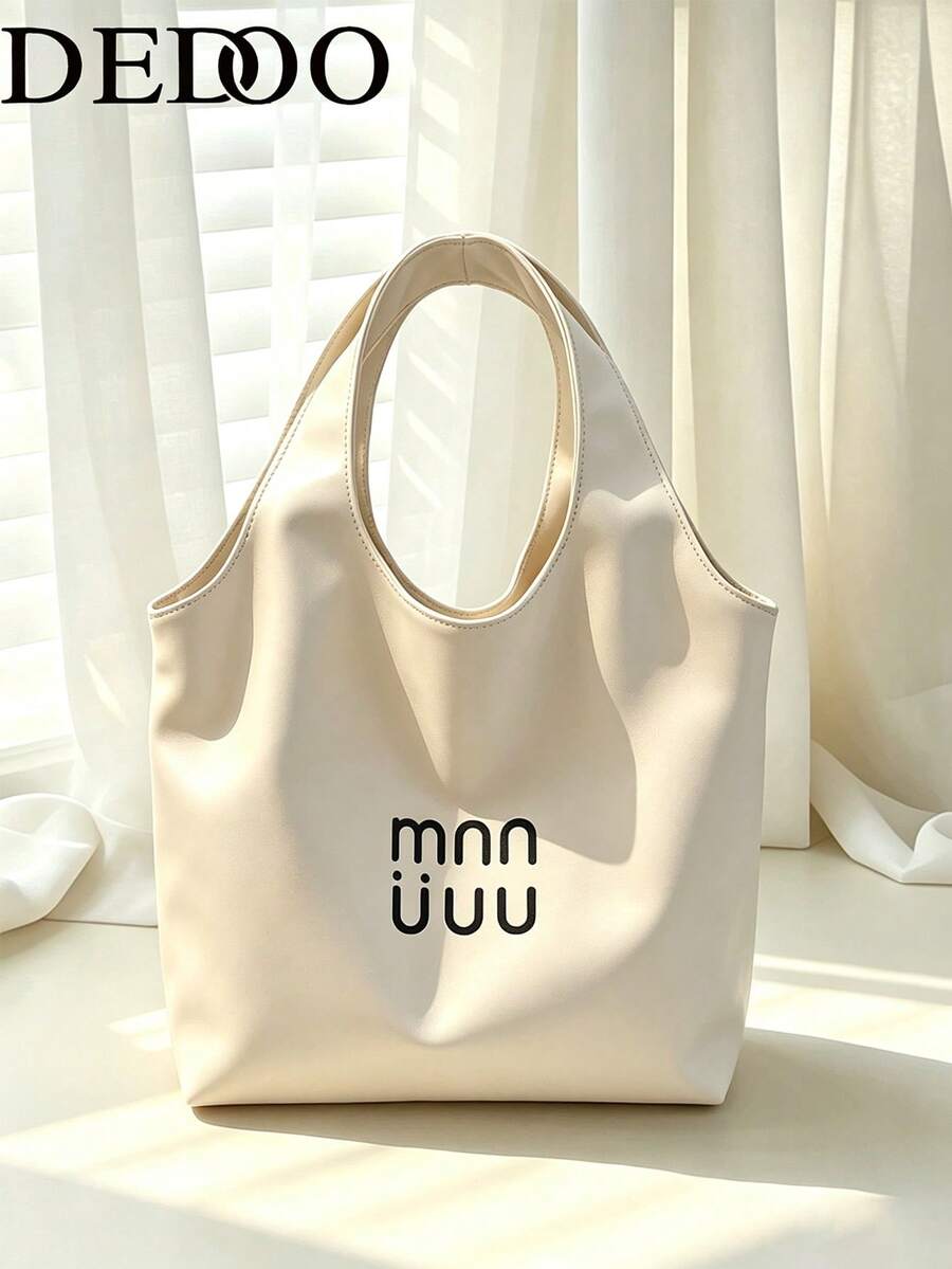 Dedoo Women's Large Capacity Shoulder Tote Bag, Letter Print Metallic Leather, Suitable For Young Women's Daily Commute, Shopping, Casual Handbag, All Season - White - View 1