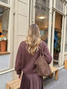 Bekväm stickad pullovertröja för kvinnor, lång ärm, normal längd, lämplig för höst/vinter, tyg med medelstretch - Brun - Visa 6