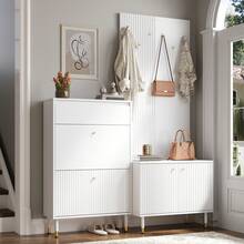 Entryway Storage Rack Set, Slim Folding Shoe Cabinet With Metal Hooks, Multifunctional Hallway - 白色 - 查看 5