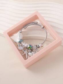 1pc Summer Vacation Ocean Series Elegant Luxury Brand Fashion Handmade Beaded Gradient Color Large Hole Beads Rhinestone Star, Bow, Seashell, Starfish Pendant Stainless Steel Open Cuff Bracelet Suitable For Women Beach, Party, Bar, Large Gathering Perfect Gift, Gift For Friends And Family Vacation, All Seasons, Casual, Photography, Travel Daily Wear (With Box Bracelet) - Multicolor - View 5