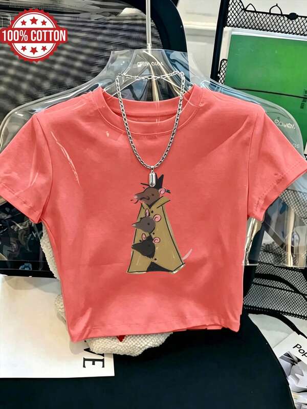 Cute Cartoon Rat Graphic Crop Top T-Shirt For Women Fashion Casual Streetwear With Fun And Whimsical Design, Ideal For Summer Outings,Outdoor,Y2K