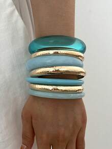 7pcs/4pcs/3pcs Vintage Elegant Bohemian Casual Style Women's Blue Acrylic Bracelets And Metal Plain Bangles, Suitable For Women's Daily Wear, Gatherings, Parties, Summer Vacation, Beach Holiday, Travel, Layering And Gifting - Multicolor - View 5