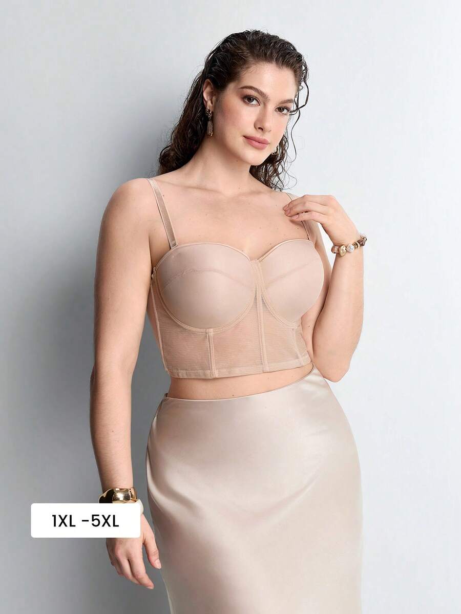 Slumbrini Plus Size Women Beige Mesh Corset Bra - Comfortable Breathable Detachable Strap Design Waist Cincher
