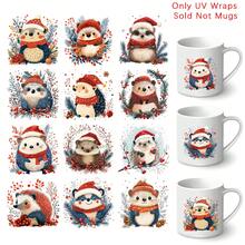 12pcs Watercolor Winter Christmas Hedgehog Transfer Paper UV DTF Waterproof & Scratch-Resistant Vinyl Transfer Paper For DIY Crafts, Cups, Home Decor, Christmas Wall Removable, Holiday Decor Accessories, Holiday Graphic Designs Featuring Snowy - Multicolor - View 1