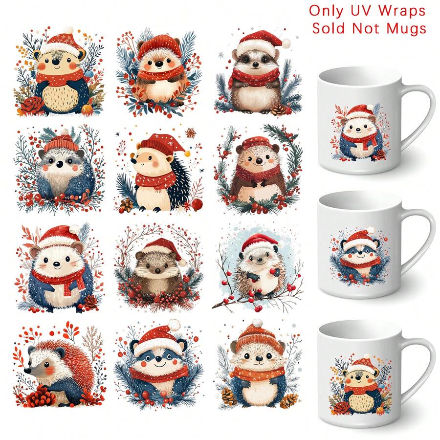 12pcs Watercolor Winter Christmas Hedgehog Transfer Paper UV DTF Waterproof & Scratch-Resistant Vinyl Transfer Paper For DIY Crafts, Cups, Home Decor, Christmas Wall Removable, Holiday Decor Accessories, Holiday Graphic Designs Featuring Snowy - Multicolor - View 1