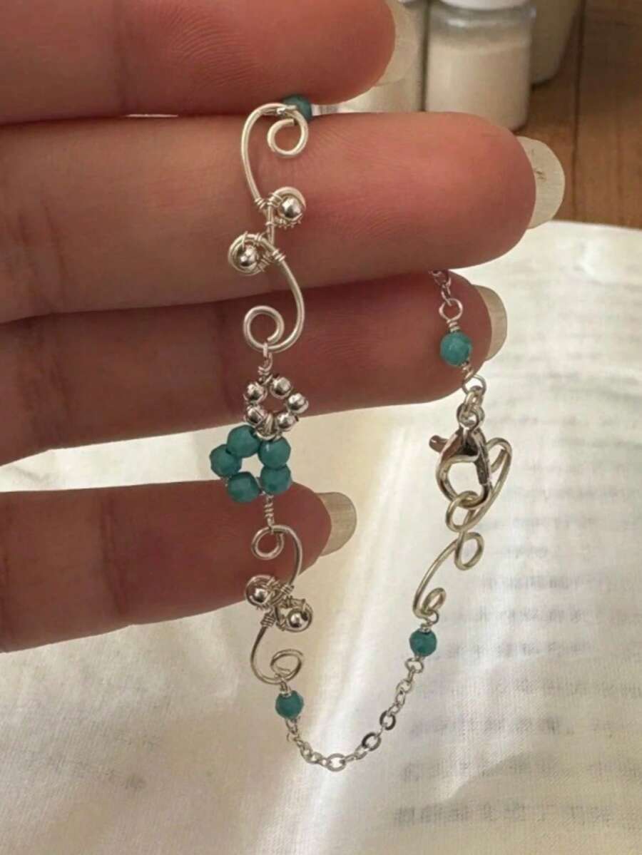 1pc Vintage Fashion Versatile Artificial Crystal Flower Geometric Chain Bracelet, Suitable For Women's Daily Commute And Party Wear - White K - View 1
