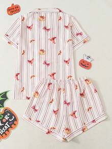 Women's Halloween Print Short Sleeve Shorts Bubble Crinkle Pajama Set - Red Violet - View 9