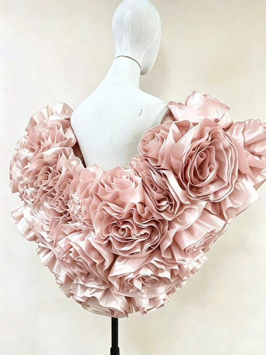 歐美新娘浪漫披肩 優雅3D玫瑰重工刺繡婚紗配件 護臂短披肩 - 粉色 - 查看 1
