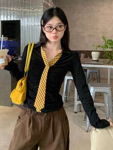 Kaos Lengan Panjang Hitam Wanita Gaya Korea Musim Gugur Slim Fit Atasan Dalaman Kasual - Hitam - View 2