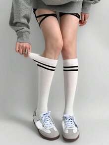2 Pairs Women's Striped Contrast Color Sports Compression Calf Socks, Preppy Sweet Versatile Japanese Style Knee-High Socks, Comfortable And Breathable, Suitable For Spring, Summer And Autumn - Multicolor - View 2