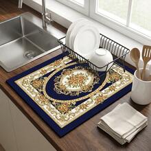 1pc Dish Drying Mat, Coffee Machine Mat, European Classical Floral Pattern Deep Blue Background Luxury Scroll Rose Design, High Absorbency Drainage Mat Suitable For Dining Table And Cafe Use, Multi-Purpose Water-Draining Mat, Home Gift, Tabletop Decor - XYLSD-647 - View 3