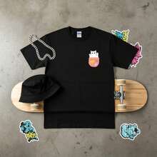 Casual Streetwear Style, Men's T-Shirt, Cat Pocket Print, Summer Daily Wear, Cotton, Graphic Tee. - Black - View 3