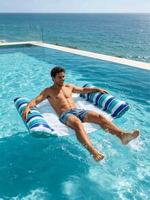 1pc Inflatable Floating Bed, Minimalist Dual Tube Design, Dual-Color Striped Element, PVC Material, Suitable For Water, Swimming Pool, Beach, Theme Party, Inflatable Water Float, Water Lounge Chair, Inflatable Float Bed, N - Two-color Double-tube Floating Bed - View 5