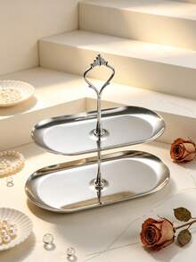 1pc Stainless Steel Oval Double Layer Cake Stand, Fruit Plate, Dessert Stand, Cake Stand, Oval Bread Plate, Cake Tower, Party Cupcake Display Tower, Dessert Display Stand, Suitable For Birthday, Party, Wedding, Afternoon Tea, Desktop Storage Rack, Multi-Layer Dessert Storage Rack, Gold And Silver Optional, Food Tray, Snack Tray, Cake Stand Tray - Silver - View 4