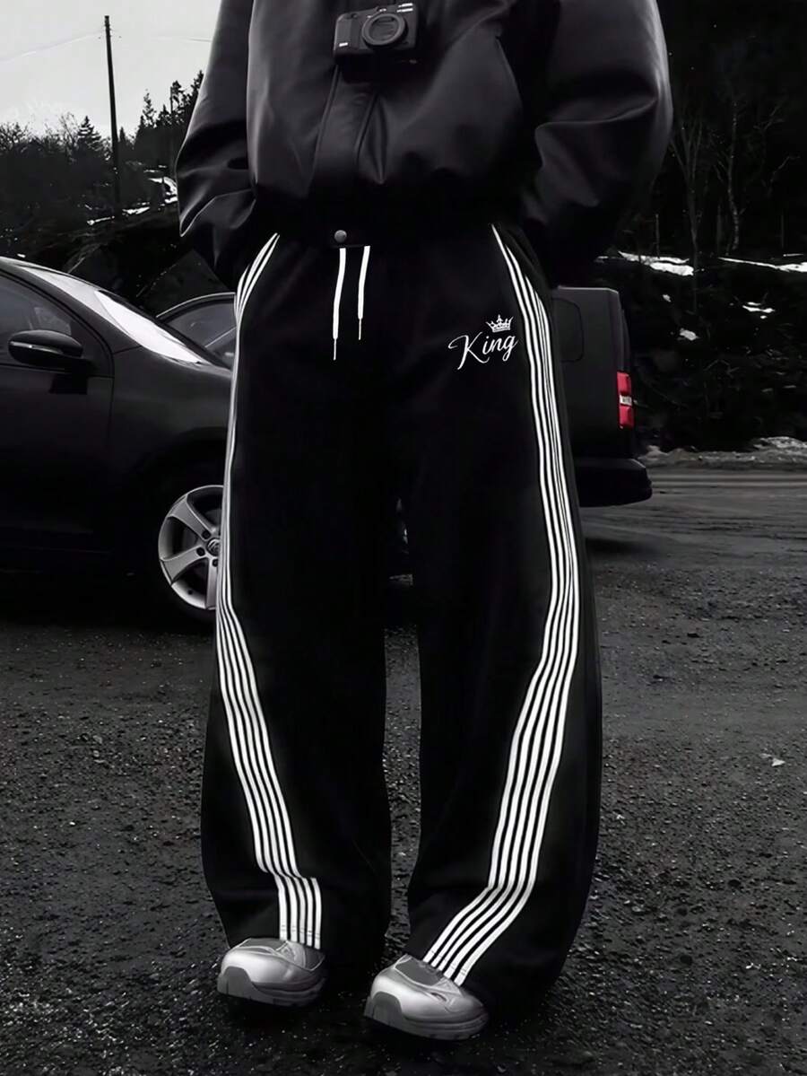 Men's Solid Black Wide Leg Sweatpants, White Drawstring Waist, LA Print Side Multi-Parallel Stripes, Loose Casual Streetwear Long Pants - Black - View 1