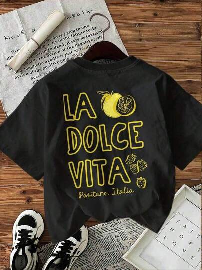 Lemon And Strawberry Print Summer Tops "LA VITA Positano" - Italian-Style Double-Sided Cotton T-Shirt, Perfect For Sunny Days And Y2K-Style Outfits.