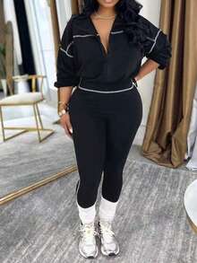 Fall Women's Casual Sports Set: Two Pieces Set With A Collared, Long-Sleeved, Zippered Top And Elastic-Waist Leggings - Black - View 2