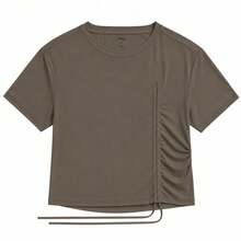 Li-Ning Women's Adjustable Drawstring Side Ruched Elastic Quick-Dry Breathable Cropped Short Sleeve Fitness T-Shirt ATSV900 - Palm Brown - View 8
