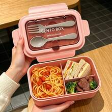 1pc Leak-Proof Lunch Box With Utensils, Microwave , 3-Compartment Design Outdoor Lunch Box | Divided Bento Box | Secure Locking Lid, Suitable For School, Work And Outdoor Dining Back To School Essential - Multicolor - View 2