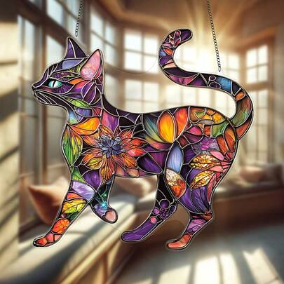 Floral Colorful Cat Acrylic Hanging Ornament, Sun-Refracting Window Decor Pendant