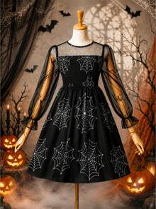 Girls' Autumn/Winter Halloween Spider Web Print Mesh Bubble Long Sleeve Round Neck Cinched Waist Shirred Dress, Suitable For Holiday Parties, Outings And Atmospheric Outfits - Black - View 2