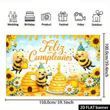 2D Flat Bee Theme Party Backdrop, " " Gold Spanish Blessing Text, Cartoon Bee Wearing Red Party Hat Holding Honey Spoon - Multicolor - View 6