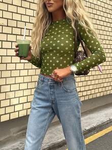 Women Green Polka Dot Slim Long Sleeve Top Cowl Neck Soft Tee Fall Back To School Inner - Green - View 4