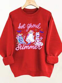 Sweatshirt Merah Motif Musim Panas Seksi Ukuran Plus, Pullover Rajut Bergaris Lengan Panjang dengan Bahu Longgar, Kasual Hangat Kerah Bulat Panjang Reguler untuk Musim Gugur - Merah - View 1