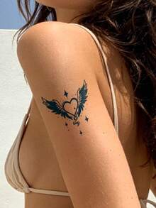 Herbal Juice Semi-Permanent Tattoo Sticker Design Wing Heart Pattern 14 Days No Fading Music Festival Party Gift Arm Shoulder Neck Collarbone Back Body Temporary Tattoo Sticker 1pc/Pack - Blue - View 4