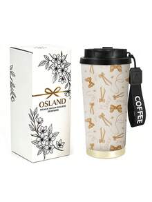 1pc/5pcs 500ml Elegant Gold Bow Water Cup, Double-Wall Stainless Steel Insulated Tumbler For All Seasons Outdoor Travel, Cream White Base With Vintage Gold Ribbon Bow Print Design, Portable Coffee Cup With Lanyard, Gift For Girlfriend, Couple Cup, Suitable For Daily Commute And Best Friends - Apricot-brown Bow - View 3