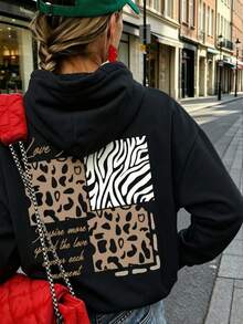 Women's Hooded Sweatshirt, Autumn/Winter New Letter Print, Drawstring Design, With Pockets, Casual Versatile Loose Top, Fashionable Daily Wear - Black - View 1