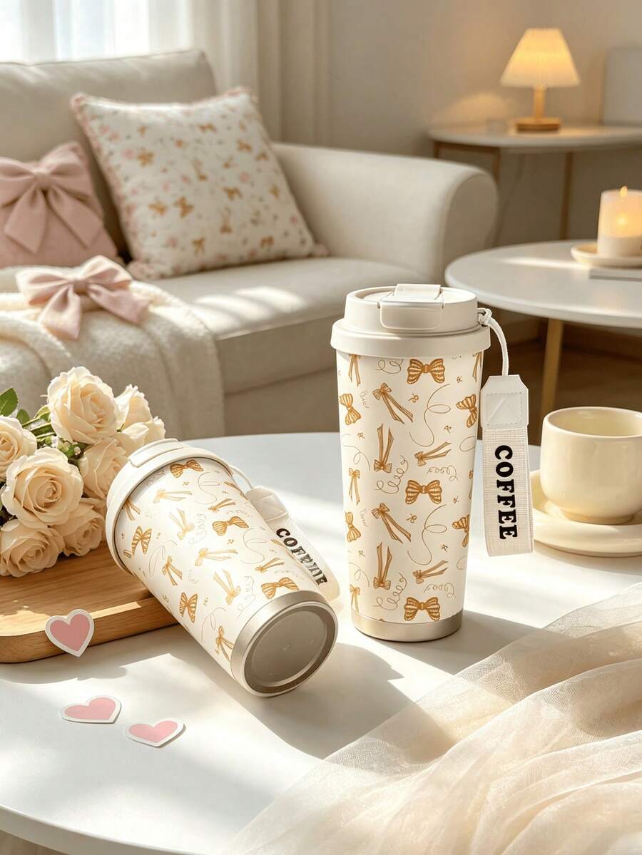 1pc/5pcs 500ml Elegant Gold Bow Water Cup, Double-Wall Stainless Steel Insulated Tumbler For All Seasons Outdoor Travel, Cream White Base With Vintage Gold Ribbon Bow Print Design, Portable Coffee Cup With Lanyard, Gift For Girlfriend, Couple Cup, Suitable For Daily Commute And Best Friends - Apricot-brown Bow - View 1