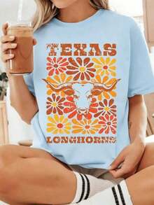 Texas Longhorns College Floral T-Shirt,UT Longhorn  Tee,College Game Day Shirt,Austin Texas College Chirt,Hook Em Horns Gift Comfortable,Loose-Fitting - 淺藍色 - 查看 13
