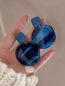 1 Pair Vintage Dark Blue Asymmetrical Resin Pendant Earrings, Square Top Women's Jewelry, Suitable For Party, Vacation And Daily Wear - Blue - View 2