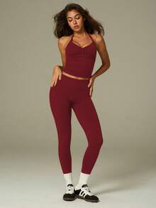 UONNOU 3-Piece Set Angola Red Halter Neck Shaping Tank Top + Waist-Cinched Butt-Lifting Tight Shorts + Long Pants, Cycling Yoga Fitness Casual Sports - Red - View 11