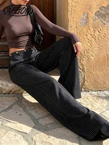 Aflion Women's Elegant Black & White Pinstripe Wide Leg Pants - High Waist, Gold Button Detail - Black - View 3
