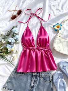 1pc Spring/Summer New Solid Color Sleeveless Spaghetti Strap Strap Tank Top For Daily Wear, Party And Vacation, All Seasons - Hot Pink - View 3