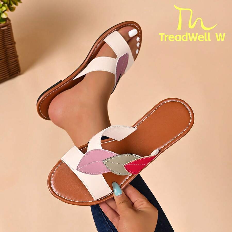 TreadWell W 2026 夏季新款葉片設計女款平底拖鞋，度假風時尚派對，舒適柔軟，適合購物、通勤與旅行