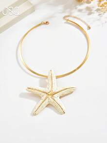OOQ 1pc Exaggerated Handwoven Starfish Pendant Necklace, Gold Metal Women's Fashion Necklace, Suitable For Beach, Party, Daily Wear (Handmade Raffia Weaving, Random Shape) - White - View 4