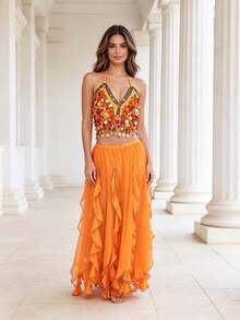Professional Belly Dance Sequin Coin Fringe Halter Crop Top, Elastic Waist Side Slit Layered Chiffon Skirt For Dance Training, Stage Shows And Competitions - Multicolor - View 8