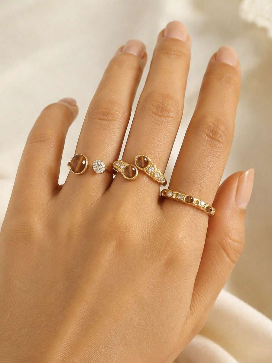 3pcs Vintage Stackable Ring Set, Fashionable Daily Jewelry, Elegant Anniversary Gift - Gold - View 1