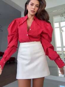 Women's Fashion Elegant Commute Lapel Long Sleeve Striped Shirt, Solid Color Front Button-Down Office Daily Autumn/Winter - Red - View 8